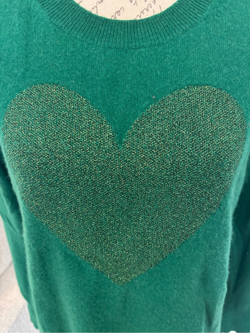 J.Crew Cashmere Crewneck Sweater Lurex® Metallic Heart in Autumn Pine Sparkle M - Picture 3 of 7